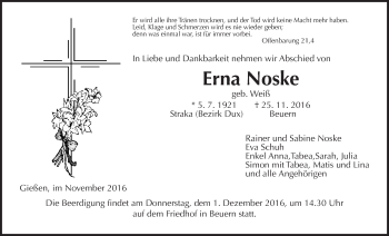 Traueranzeige von Erna Noske von Gießener Allgemeine, Alsfelder Allgemeine