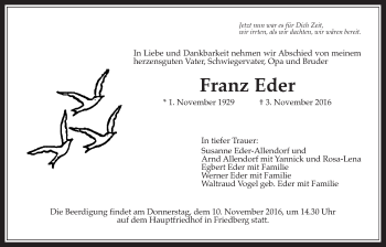 Traueranzeige von Franz Eder von Wetterauer Zeitung, Wetterauer Zeitung