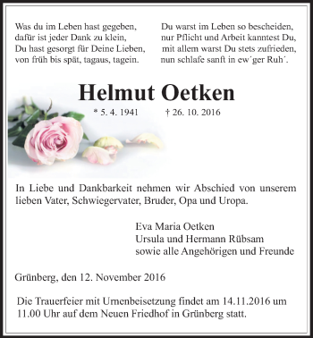 Traueranzeige von Helmut Oetken von Gießener Allgemeine, Alsfelder Allgemeine