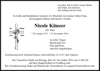 Traueranzeige von Nicole Künzer von Wetterauer Zeitung, Wetterauer Zeitung