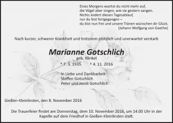 Traueranzeige von Marianne Gotschlich von Gießener Allgemeine, Alsfelder Allgemeine