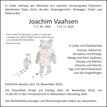 Traueranzeige von Joachim Vaahsen von Gießener Allgemeine, Alsfelder Allgemeine