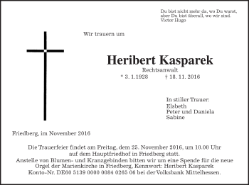 Traueranzeige von Heribert Kasparek von Wetterauer Zeitung, Wetterauer Zeitung