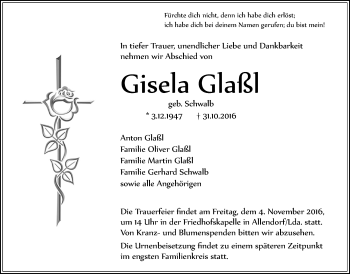 Traueranzeige von Gisela Glaßl von Gießener Allgemeine, Alsfelder Allgemeine