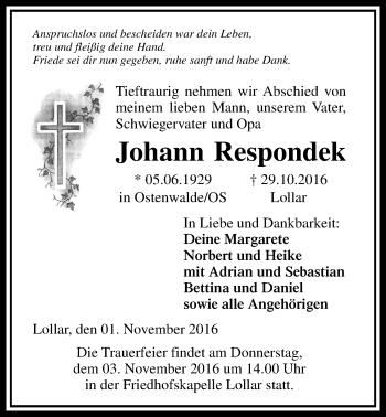 Traueranzeige von Johann Respondek von Gießener Allgemeine, Alsfelder Allgemeine