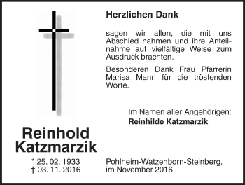 Traueranzeige von Reinhold Katzmarzik von Pohlheimer Nachrichten