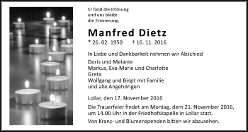 Traueranzeige von Manfred Dietz von Gießener Allgemeine, Alsfelder Allgemeine
