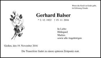 Traueranzeige von Gerhard Balser von Gießener Allgemeine, Alsfelder Allgemeine