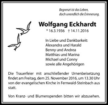 Traueranzeige von Wolfgang Eckhardt von Licher Wochenblatt, Licher Wochenblatt, Licher Wochenblatt