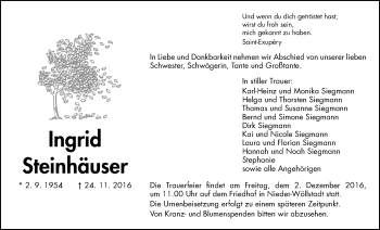 Traueranzeige von Ingrid Steinhäuser von Wetterauer Zeitung, Wetterauer Zeitung