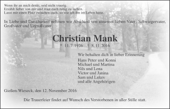 Traueranzeige von Christian Mank von Gießener Allgemeine, Alsfelder Allgemeine