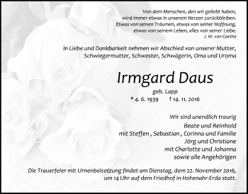 Traueranzeige von Irmgard Daus von Gießener Allgemeine, Alsfelder Allgemeine