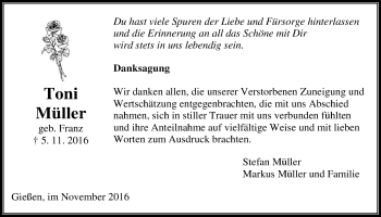 Traueranzeige von Toni Müller von Gießener Allgemeine, Alsfelder Allgemeine