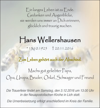 Traueranzeige von Hans Wellershausen von Licher Wochenblatt, Licher Wochenblatt, Licher Wochenblatt