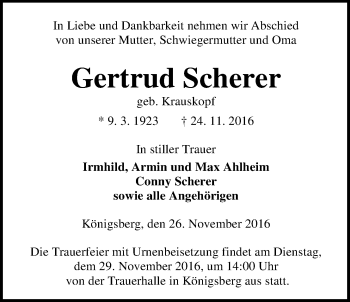 Traueranzeige von Gertrud Scherer von Gießener Allgemeine, Alsfelder Allgemeine
