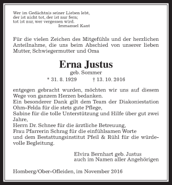 Traueranzeige von Erna Justus von Alsfelder Allgemeine