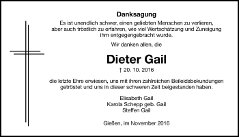 Traueranzeige von Dieter Gail von Gießener Allgemeine, Alsfelder Allgemeine