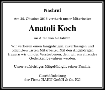 Traueranzeige von Anatoli Koch von Gießener Allgemeine, Alsfelder Allgemeine