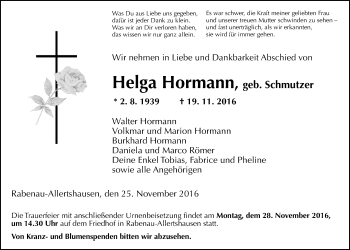 Traueranzeige von Helga Hormann von Gießener Allgemeine, Alsfelder Allgemeine