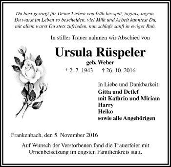 Traueranzeige von Ursula Rüspeler von Gießener Allgemeine, Alsfelder Allgemeine