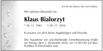 Traueranzeige von Klaus Bialorzyt von Gießener Allgemeine, Alsfelder Allgemeine