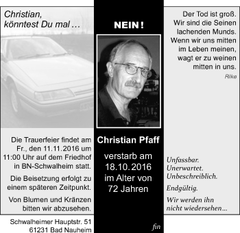 Traueranzeige von Christian Pfaff von Wetterauer Zeitung, Wetterauer Zeitung