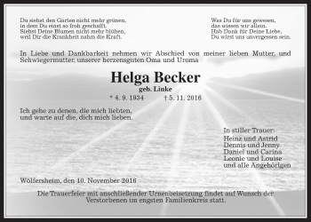 Traueranzeige von Helga Becker von Wetterauer Zeitung, Wetterauer Zeitung