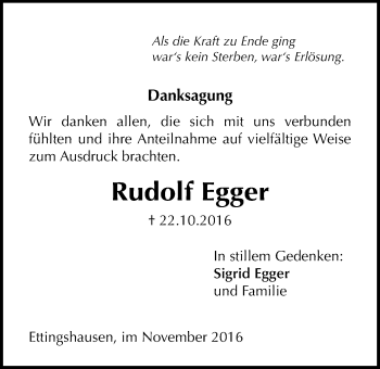 Traueranzeige von Rudolf Egger von Licher Wochenblatt, Licher Wochenblatt, Licher Wochenblatt