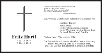 Traueranzeige von Fritz Hartl von Gießener Allgemeine, Alsfelder Allgemeine
