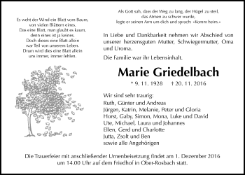 Traueranzeige von Marie Griedelbach von Wetterauer Zeitung, Wetterauer Zeitung
