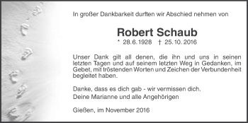 Traueranzeige von Robert Schaub von Gießener Allgemeine, Alsfelder Allgemeine