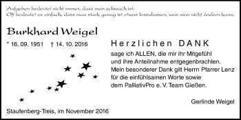 Traueranzeige von Burkhard Weigel von Gießener Allgemeine, Alsfelder Allgemeine