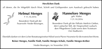 Traueranzeige von Helmut und Hannelore Menges von Gießener Allgemeine, Alsfelder Allgemeine