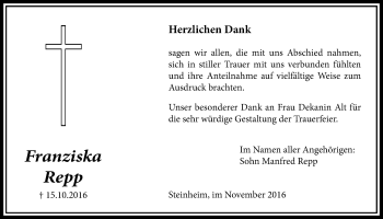 Traueranzeige von Franziska Repp von Licher Wochenblatt, Licher Wochenblatt, Licher Wochenblatt