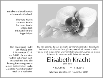 Traueranzeige von Elisabeth Kracht von Gießener Allgemeine, Alsfelder Allgemeine