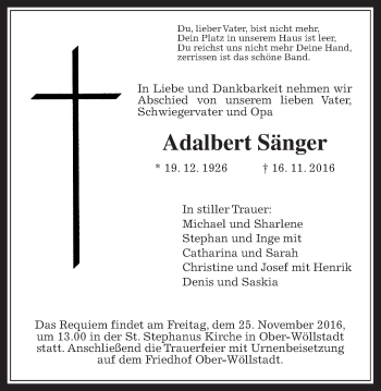 Traueranzeige von Adalbert Sänger von Wetterauer Zeitung, Wetterauer Zeitung