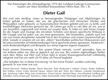 Traueranzeige von Dieter Gail von Gießener Allgemeine, Alsfelder Allgemeine