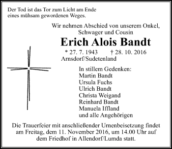 Traueranzeige von Erich Alois Bandt von Gießener Allgemeine, Alsfelder Allgemeine