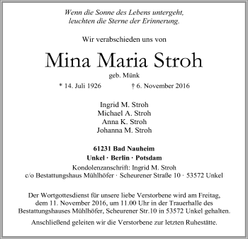 Traueranzeige von Mina Maria Stroh von Wetterauer Zeitung, Wetterauer Zeitung