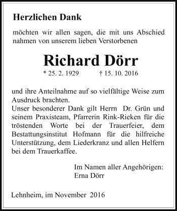 Traueranzeige von Richard Dörr von Gießener Allgemeine, Alsfelder Allgemeine