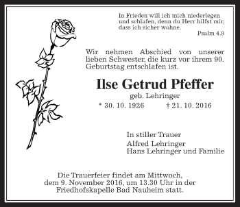 Traueranzeige von Ilse Gertrud Pfeffer von Wetterauer Zeitung, Wetterauer Zeitung