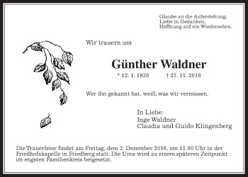 Traueranzeige von Günther Waldner von Wetterauer Zeitung, Wetterauer Zeitung