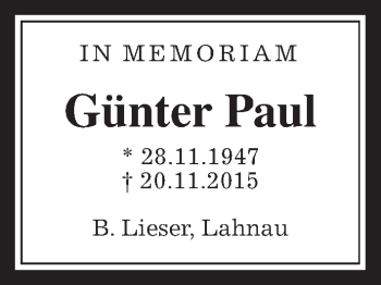 Traueranzeige von Günter Paul von Gießener Allgemeine, Alsfelder Allgemeine, Wetterauer Zeitung, Wetterauer Zeitung