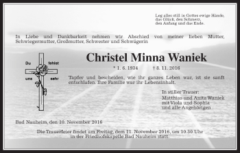 Traueranzeige von Christel Minna Waniek von Wetterauer Zeitung, Wetterauer Zeitung