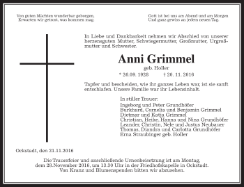 Traueranzeige von Anni Grimmel von Wetterauer Zeitung, Wetterauer Zeitung