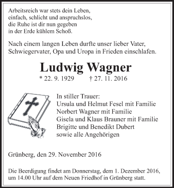 Traueranzeige von Ludwig Wagner von Gießener Allgemeine, Alsfelder Allgemeine