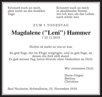 Traueranzeige von Magdalene Hammer von Wetterauer Zeitung, Wetterauer Zeitung