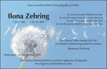 Traueranzeige von Ilona Zehring von Wetterauer Zeitung, Wetterauer Zeitung
