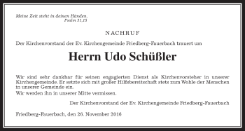 Traueranzeige von Udo Schüßler von Wetterauer Zeitung, Wetterauer Zeitung