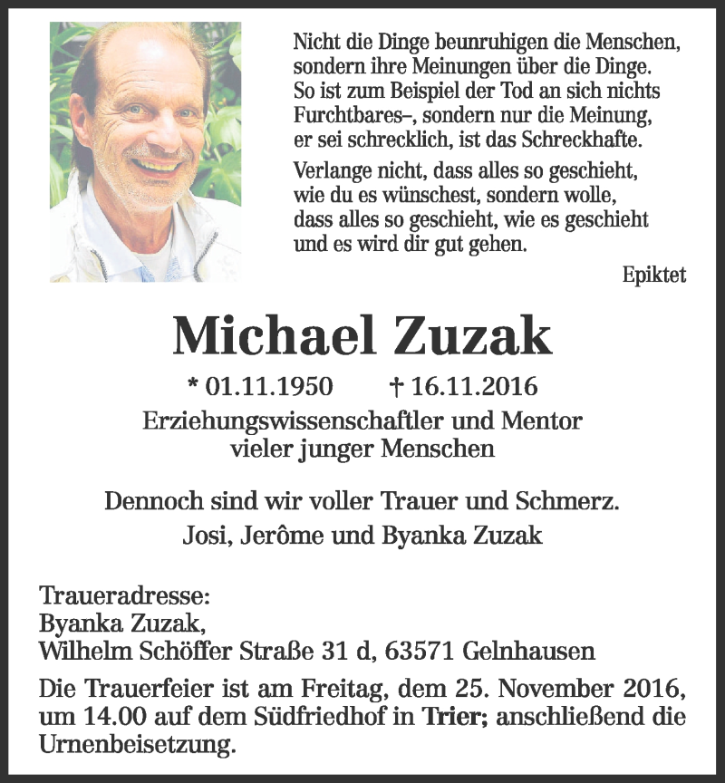  Traueranzeige für Michael Zuzak vom 22.11.2016 aus Gießener Allgemeine, Alsfelder Allgemeine
